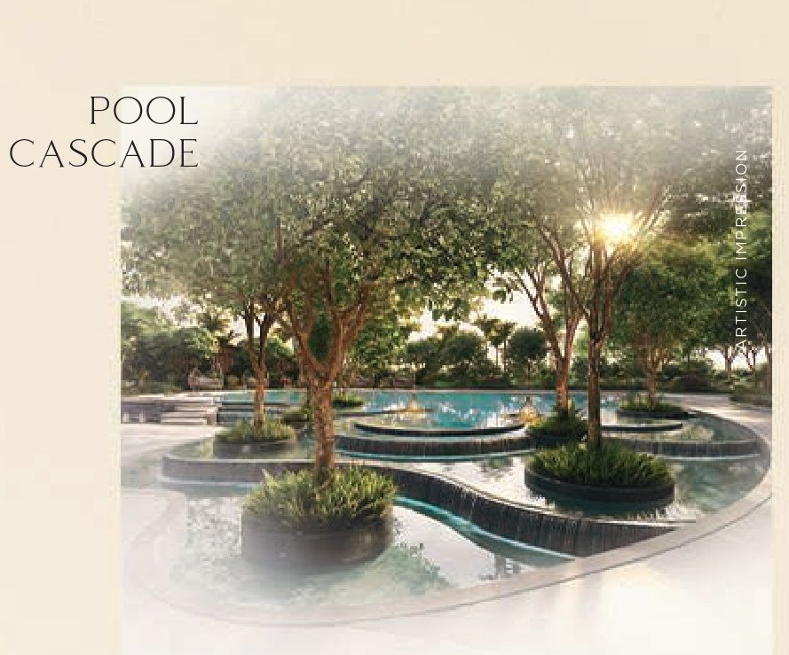 Pool cascade and landscaped gardens at Smart World Suites